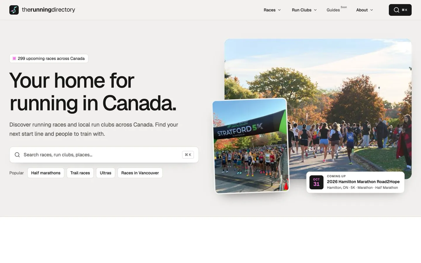 The Running Directory, listing upcoming races in Canada