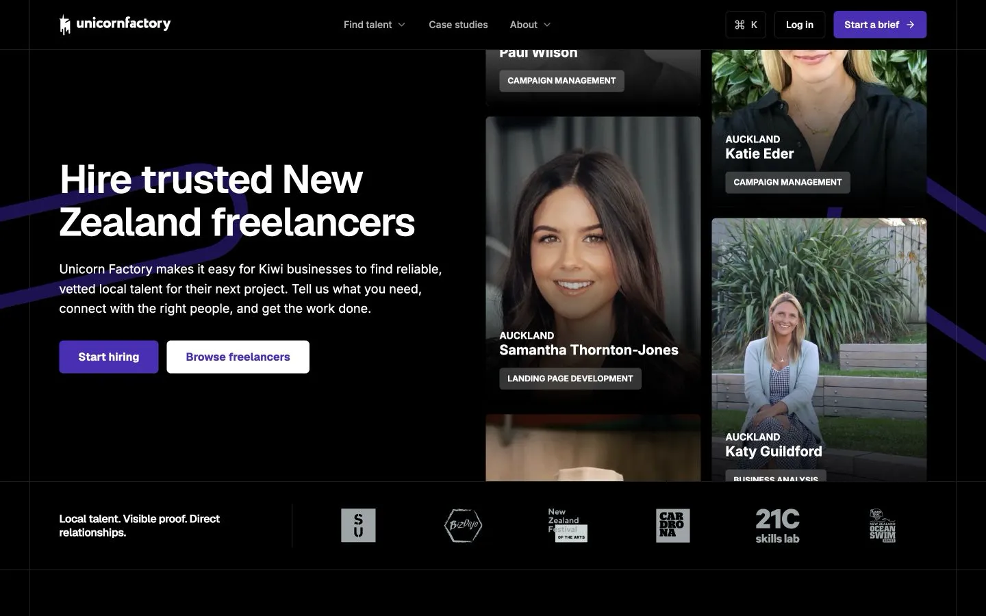 Unicorn Factory public website for finding New Zealand freelancers